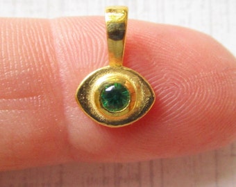 Evil Eye Emerald Gemstone Charm, 18k Gold Sterling Silver, Tiny Gemstone Pendant,  Birthday Gift, May Birthstone, Green Eyes