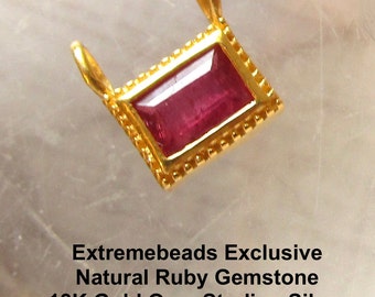 Baguette Natural Ruby Gemstone Charm,  July Birthstone Small Pendant, 18K Gold Over 925 Sterling Silver, Minimalist Rectangle Gemstone