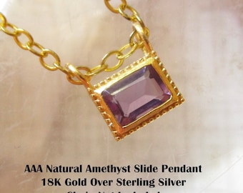 Rectangle Natural Amethyst Gemstone Charm 18kt Gold Vermeil 925 Silver, February Birthstone, Gift For Women, Minimalist Pendant