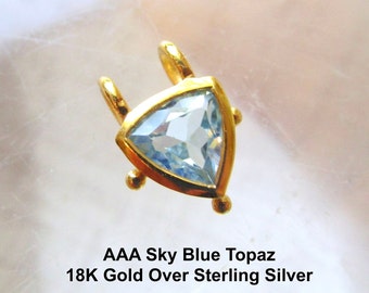 AAA Sky Blue Topaz Gemstone Charm, 18k Gold Vermeil Sterling Silver, Minimalist Triangle Charm, Dainty Slide Trillion Pendant, Birthday Gift