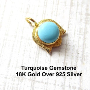 Natural Turquoise Gemstone Leaf Flower Charm, 18kt Gold Over 925 Sterling Silver Pendant,