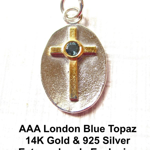 925 Silver 14Kt Gold Cross Pendant, AAA London Blue Topaz Gemstone Charm, Artisan Silver, Christian Gift,