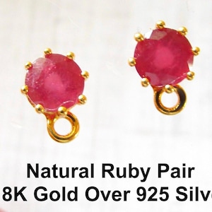 Natural Ruby Gemstone Earring Pierced Post Stud Pair, Sterling Silver 18K Gold Plated,  July Birthstone,