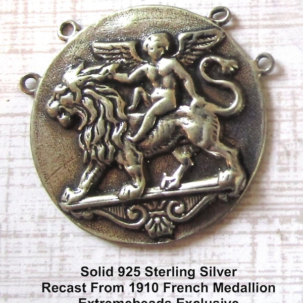 Sterling Silver French Vintage Cherub Lion Pendant, Double Strand Charm, 925 Artisan Silver Hand Cast In USA, Mythical Jewelry