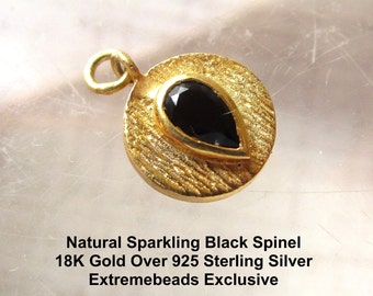 Natural Pear Black Spinel Round Disc Charm 18KT Gold Vermeil, Minimalist Tiny Round Solitaire Gemstone Pendant, 1 Charm