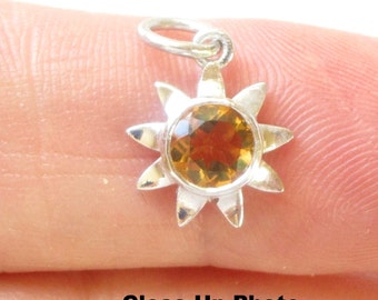 Citrine Gemstone Sun Sterling Silver Charm, Tiny Minimalist  Pendant, Flower Charm, Celestial Pendant, Birthstone Gift Women