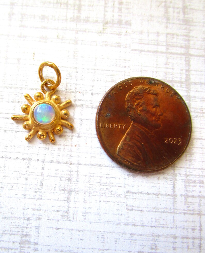 Fiery Ethiopian Opal Mid Century Modern Gemstone Charm, 18K Gold 925 Silver Pendant, Atomic Sun Charm, October Birthstone Gift image 9