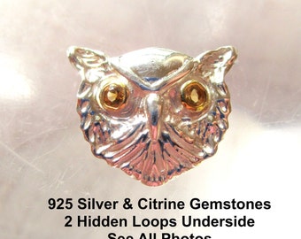 925 Silver Owl Citrine Gemstone Eyes Charm, 18kt gold Two Tone, Nature Lover Gift, DIY Necklace Making, Bird Pendant