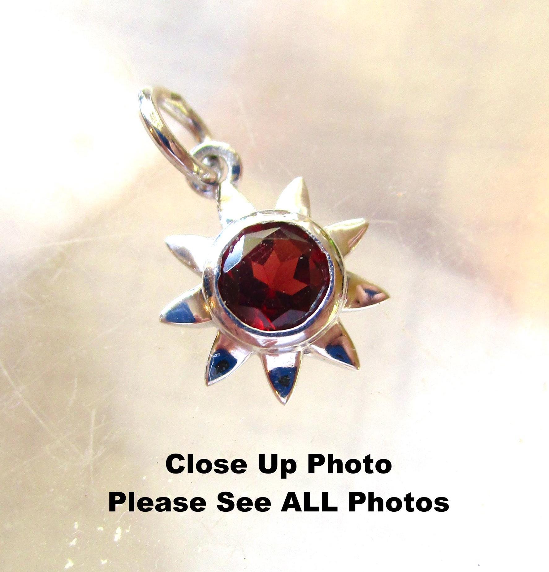 Artisan Garnet Sun Sterling Silver Charm, Celestial Star Gemstone Pendant