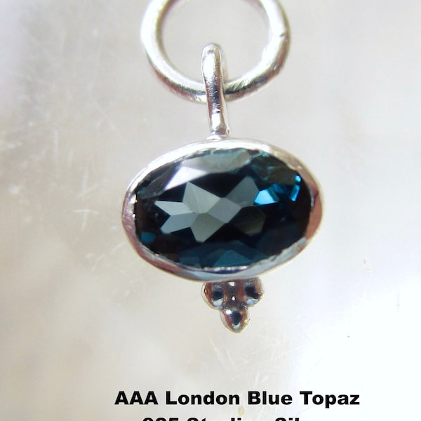 London Blue Topaz Gemstone Sterling Silver Charm, Tiny Oval Gemstone Pendant, Birthday Birthstone Gift, 925 Silver Pendant