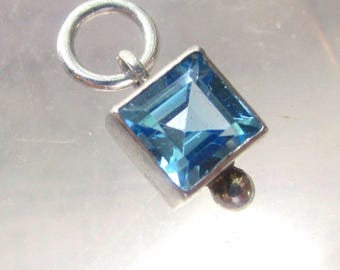 Artisan Swiss Blue Topaz Gemstone Sterling Silver Charm, Dainty Square Pendant