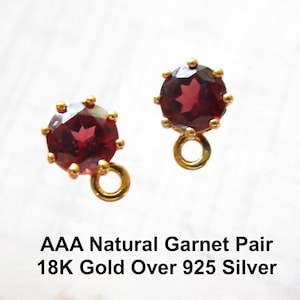 Natural Garnet Gemstone Earring Pierced Post Stud Pair, Sterling Silver 18K Gold, For Jewelry Making