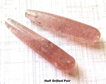 Half Drilled Beads Natural Pink Strawberry Quartz, Matched Pair Briolettes, Elongated teardrop 7mm x 30mm, Lepidocrocite