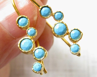 Natural Turquoise Gemstone Bubbles Ear wire Earring Pair, 18kt Gold Vermeil Sterling Silver, Gemstone Cascade, Ear Hook Finding