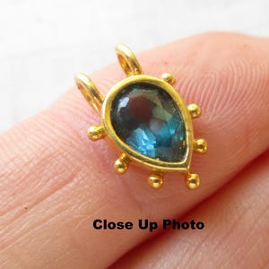AAA London Blue Topaz  Teardrop Charm, 18 Kt gold Sterling Silver, Dotted Artisan Gemstone Pendant,