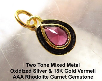Rhodolite Garnet Charm, Two Tone 18K Gold Oxidized Sterling Silver, Mixed Metal Pendant, Tiny Gemstone Minimalist Pendant
