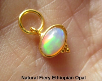 Fiery Ethiopian Opal Solitaire Gemstone Charm, Dainty Tiny Oval , Minimalist Pendant, 18KT Gold Over Sterling Silver, Birthstone Gift