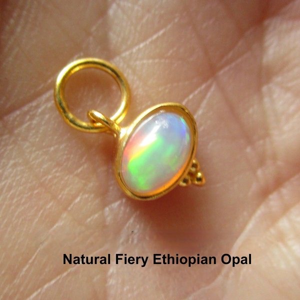 Fiery Ethiopian Opal Solitaire Gemstone Charm, Dainty Tiny Oval , Minimalist Pendant, 18KT Gold Over Sterling Silver, Birthstone Gift