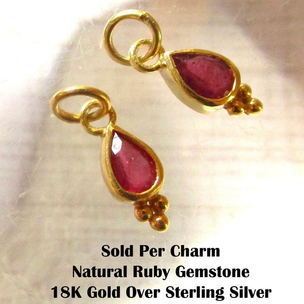 Natural Ruby Gemstone Solitaire Pendant Charm, 18KT Gold Vermeil Silver, One Charm, Pear Bezel Pink Red Gemstone Minimalist Pendant