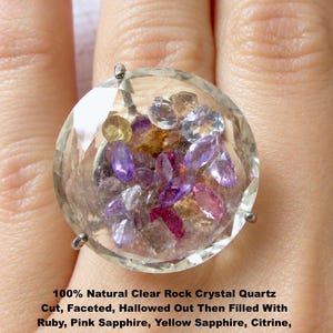 Natural Ruby Sapphire Sterling Silver Ring, Shaker Floating Gemstones In Natural Clear Quartz, Size 7.5, Amethyst,  Citrine, Handmade