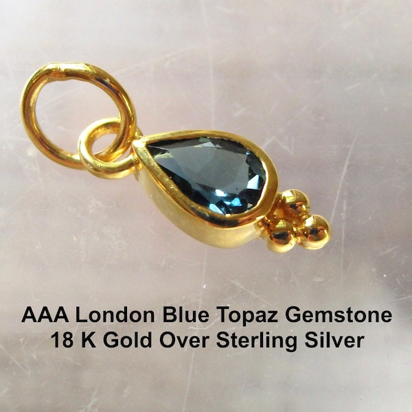 AAA London Blue Topaz Pear Gemstone Solitaire Pendant Charm, 18KT Gold Vermeil 925 Silver, Teardrop Gemstone Minimalist Pendant
