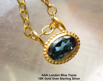 AAA London Blue Topaz Gemstone Charm, 18kt Gold Vermeil Sterling Silver Pendant, Large Loop Hole 3mm, Solitaire Birthstone Gift