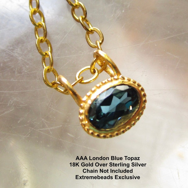 AAA London Blue Topaz Gemstone Charm, 18kt Gold Vermeil Sterling Silver Pendant, Large Loop Hole 3mm, Solitaire Birthstone Gift