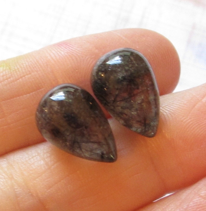 SALE Half Drilled Black Tourmalated Rutilated Quartz Beads Matched Pair Inverted Teardrop Acorn Beads 10mm x 16mm Quartz Pair