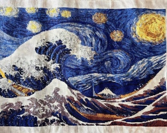 May include: Needlepoint canvas depicting a fusion of Van Gogh's "Starry Night" and Hokusai's "The Great Wave off Kanagawa." The artwork features a swirling blue night sky with stars and a large yellow moon, above a crashing wave and a mountain.