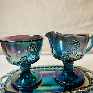 Carnival Glass ,Cream, Sugar and Plate, Three Piece Blue Carnival Glass Set, Vintage Carnival Glass, Harvest Grapes Carnival Glass,