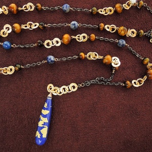 Long Club Doublet with Lapis & Gold Leaf Pendant Necklace--Tigereye and Sodalite above--30&quot;