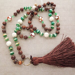 Long Tasssel Pendant Necklace with Tibetan Agate, Bone and Green Onyx- 32&quot;