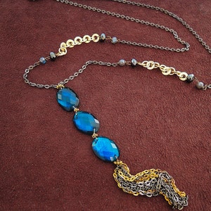 Blue Oval Triple Drop Black Oyster Doublet Pendant Necklace with chain tassel- 29&quot;