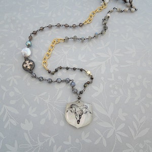 Ram&#39;s Skull Vintage Graphic on Mother of Pearl Doublet Shield Pendant Necklace with Maltese Cross, labradorite and agate- 24&quot;