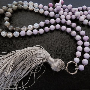 Tassel Pendant, Long Necklace, Lavender Agate, White Agate, Labradorite- 36&quot;