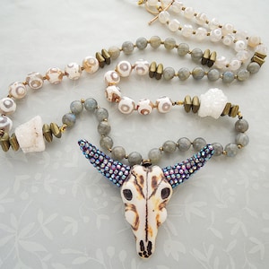 Carved Cow Skull Pendant Necklace with Barrel Druzies, Tibetan Agate and Labradorite- 30&quot;