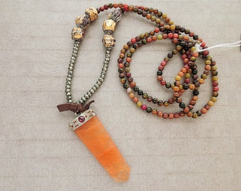 Carnelian Spike, Carved Pendant, Mixed Agate, Prayer Beads, Pyrite, Long Necklace- 36"