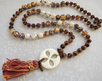 Carved Bone Medallion, Tasssel, Pendant Necklace, Mixed Agate, Prayer Beads - 34"