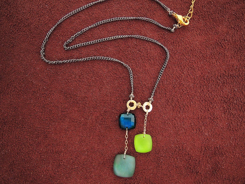 Geometric, Retro, Blue and Green, Triple Drop Pendant, Doublet Necklace 18 image 1