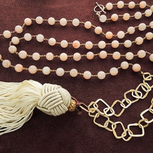 Long Knotted Tassel Necklace with Rose Quartz and Geometric Chain- 40&quot;