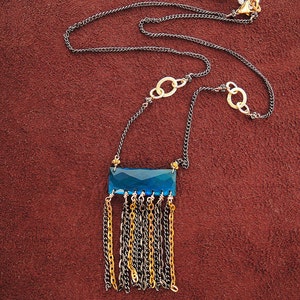 Rectangular, Vivid Blue Quartz, Tassel, Black Oyster, Doublet Necklace-19&quot;