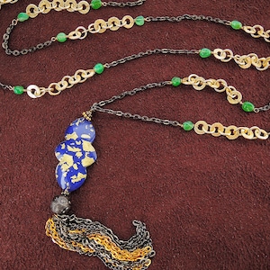 Lapis,  Gold Leaf, Doublet, Tassel Pendant, Long Necklace, Green Onyx--34&quot;