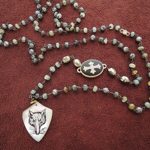 Fox Head on Mother of Pearl Doublet Shield Pendant Necklace with Maltese Cross, labradorite and agate- 36&quot;