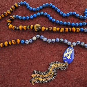 Lapis & Gold Leaf, Doublet, Tassel, Pendant Necklace, Tigereye, Sodalite, Lapis--33&quot;