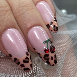 Press on Nail French Tip Leopard Print Cherry Nail Art Handmade Nails