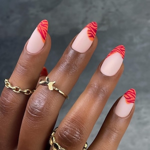 Animal Print Press On Nail Orange French Tips Acrylic Fake Nails Reusable