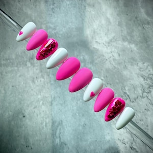 Valentine’s Day Press On Nail Pink & White Nails Short Stiletto Acrylic Nails Reusable