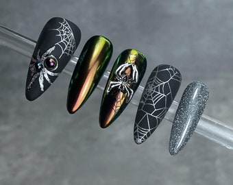 Halloween Nails - Gothic Black & Green Chrome Press On Nails with Spider