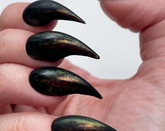 Black Iridescent Claw Nails – Gothic Witch Press On Talon Nails for Halloween & Cosplay