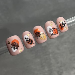 Thanksgiving Nails - Autumn Press On Nails with Pumpkin & Gold Foil